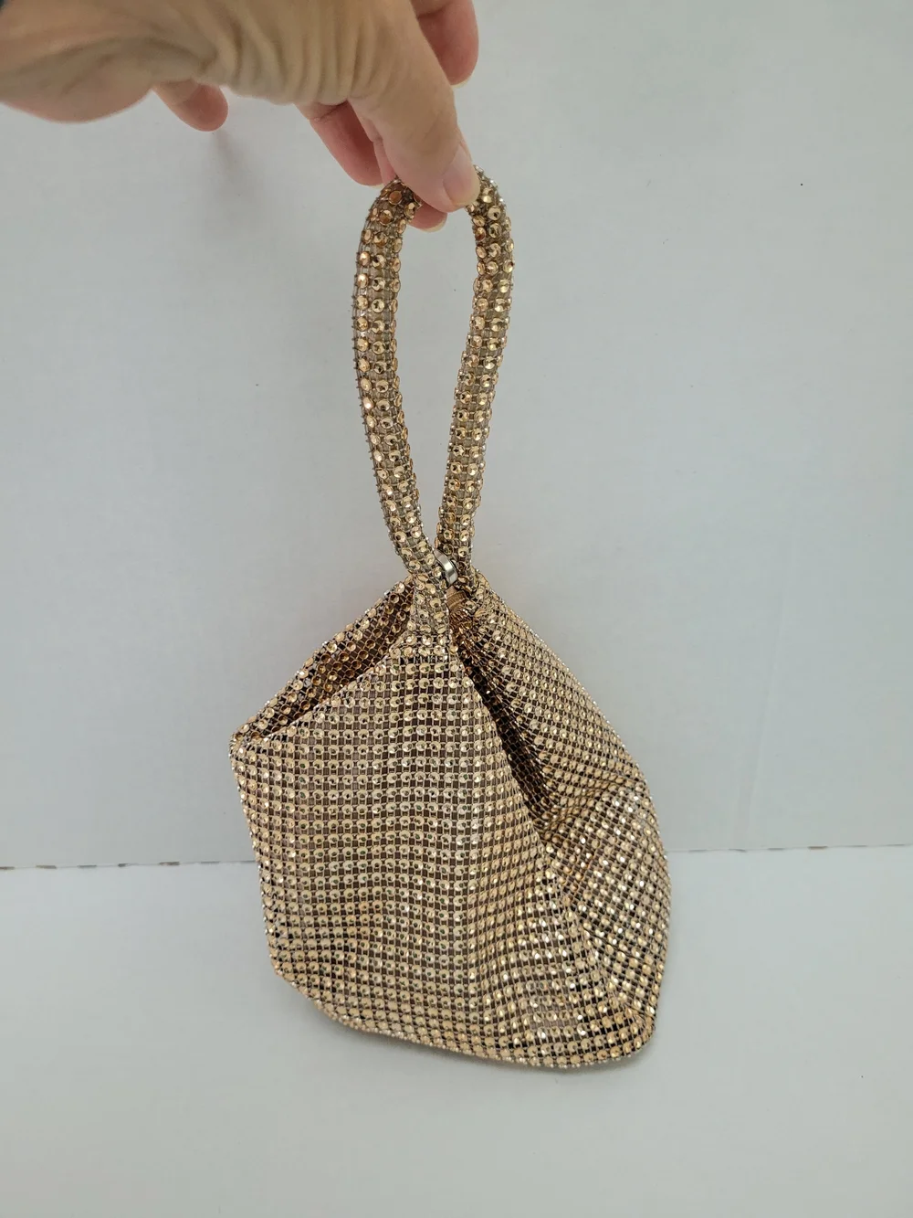 Gold Sequin Mesh Wristlet Evening Bag, Magnetic & Zip Closure